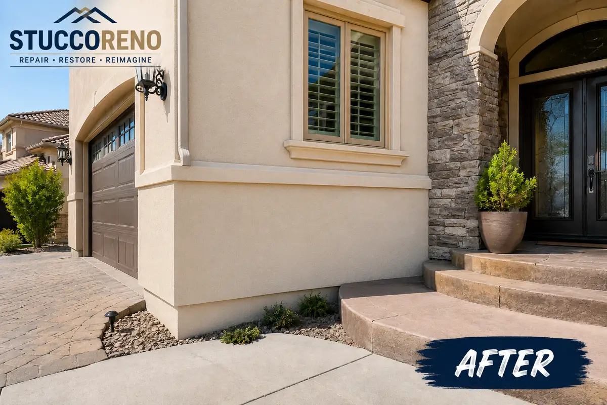 Color-matched stucco crack repair on a Reno home