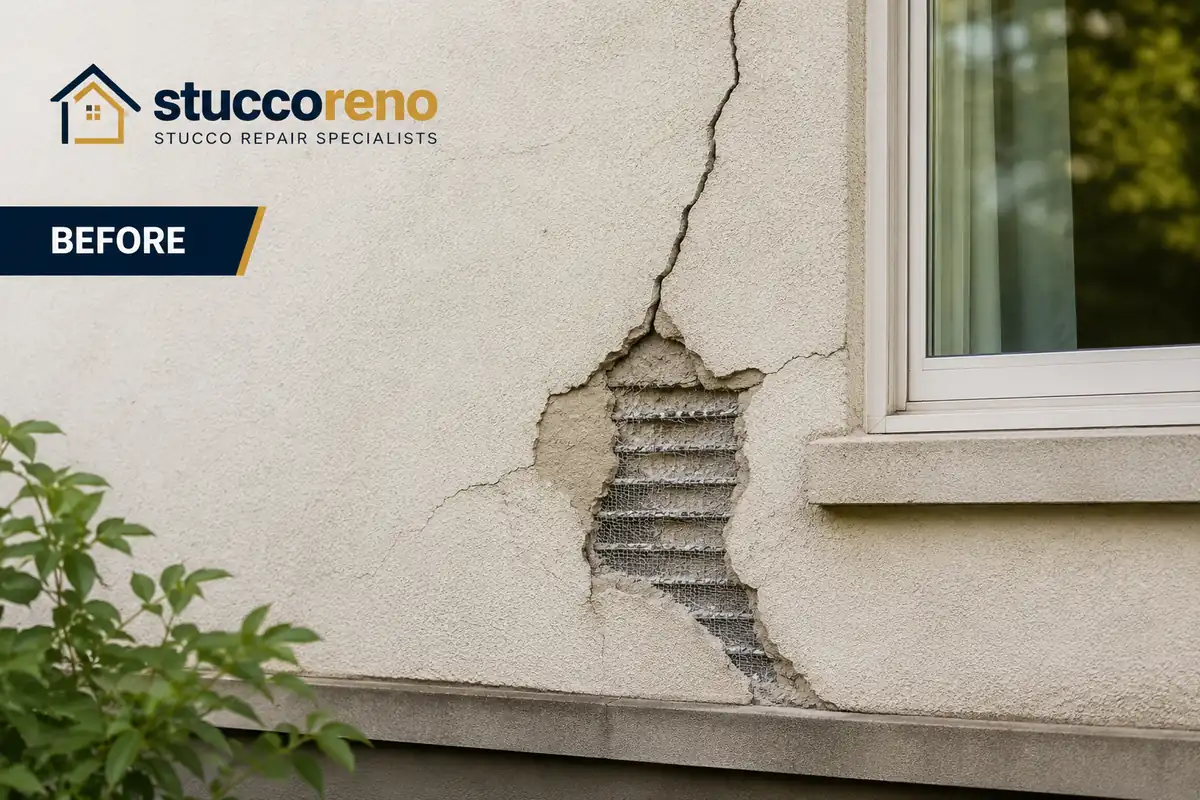 Cracked stucco with exposed lath before repair in Reno NV