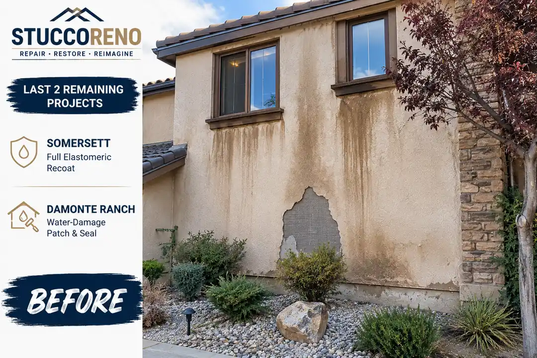 Water-stained and damaged stucco in Damonte Ranch before repair