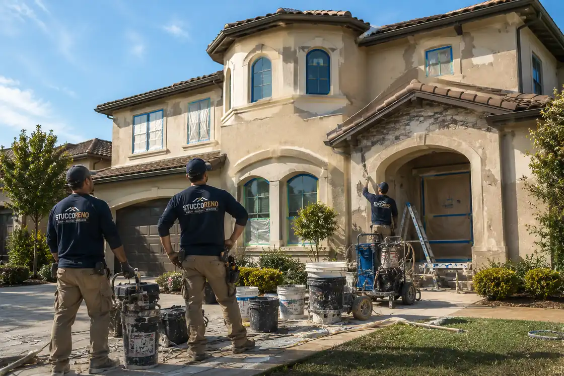 StuccoReno crew re-stuccoing a home in Reno